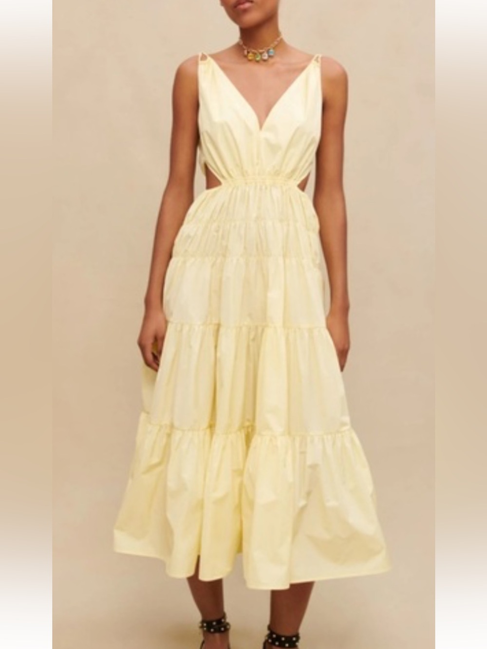 Maje Pale Yellow Tiered Cutout Midi Dress